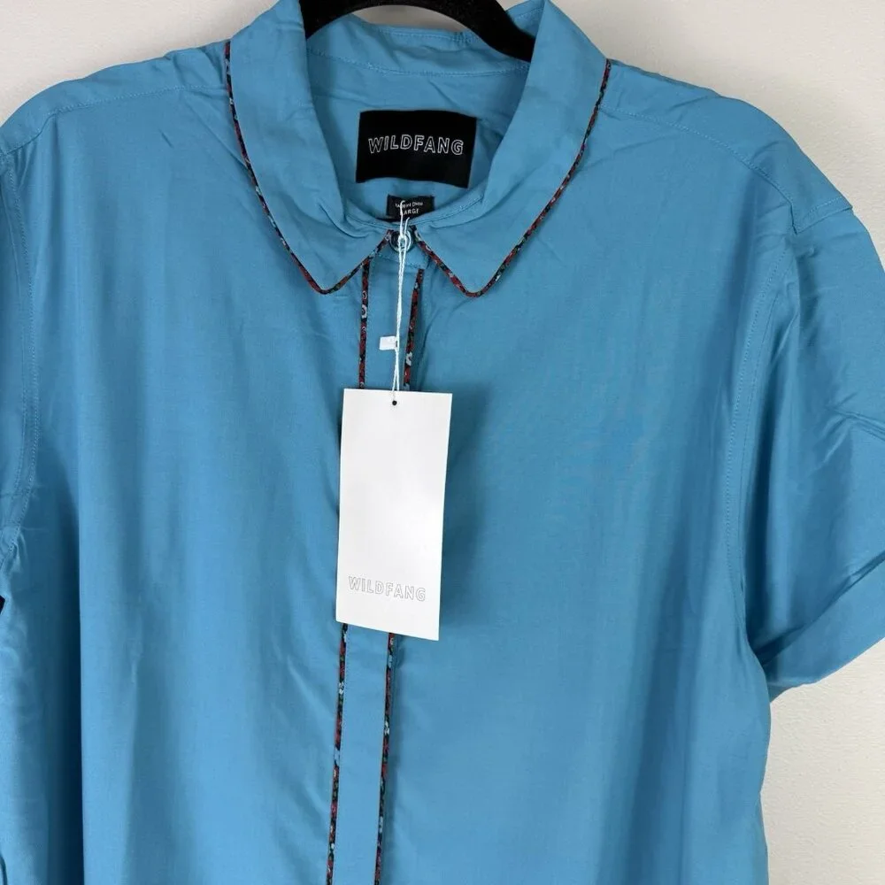 Wildfang Empower Piped Button Up Shirt Large Teal Rayon Androgynous Chic - Picture 8 of 11
